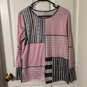 Patchwork Long Sleeve Top - Pink and Black
